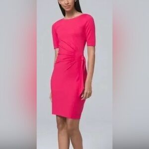 WHBM Hot Pink Midi Faux Wrap Dress Ruched Professional Scoop Neck Event Feminine